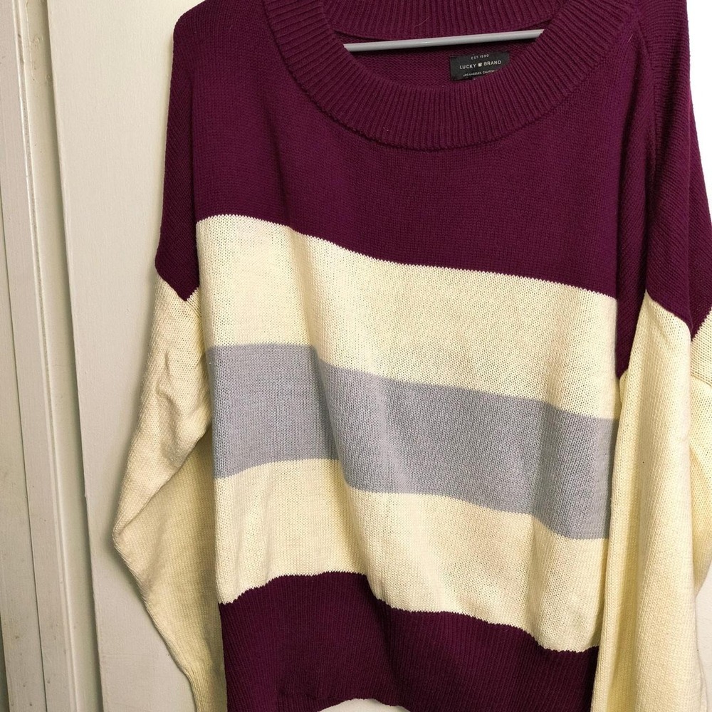 Lucky Brand Womens XL Maroon Cream Gray Horizontal Striped Crew Neck Sweater